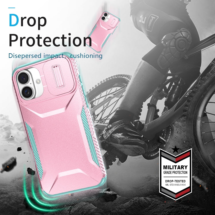 For iPhone 16 Sliding Camshield Phone Case(Pink + Grey Green) by buy2fix