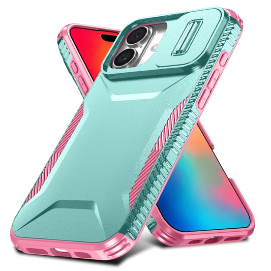 For iPhone 16 Sliding Camshield Phone Case(Grey Green + Pink) by buy2fix
