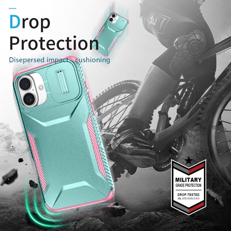 For iPhone 16 Sliding Camshield Phone Case(Grey Green + Pink) by buy2fix
