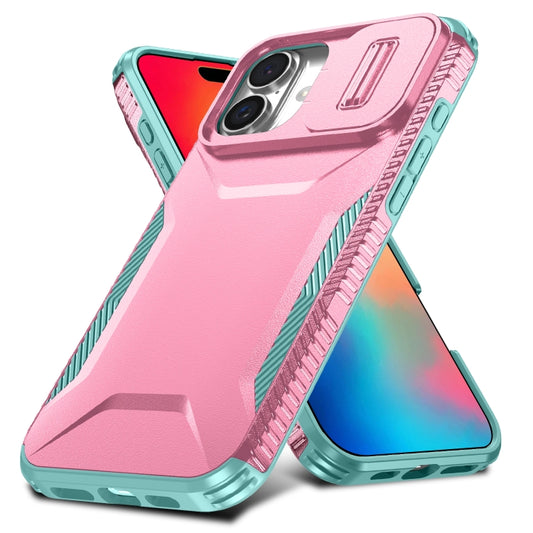 For iPhone 16 Plus Sliding Camshield Phone Case(Pink + Grey Green) by buy2fix