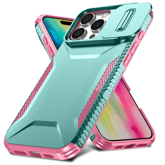 For iPhone 16 Pro Sliding Camshield Phone Case(Grey Green + Pink) by buy2fix