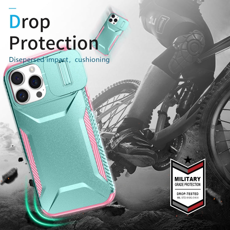 For iPhone 16 Pro Sliding Camshield Phone Case(Grey Green + Pink) by buy2fix