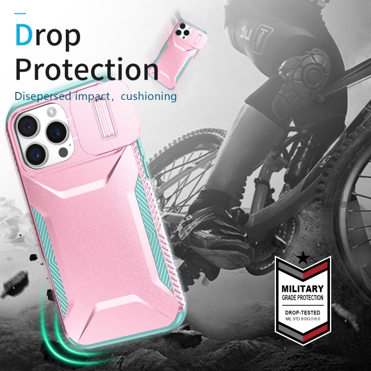 For iPhone 16 Pro Max Sliding Camshield Phone Case(Pink + Grey Green) by buy2fix