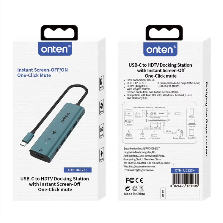 Onten UC123+ USB-C / Type-C to HDTV Multi-function HUB Docking Station with Button, Length:1.5m(Green) by Onten