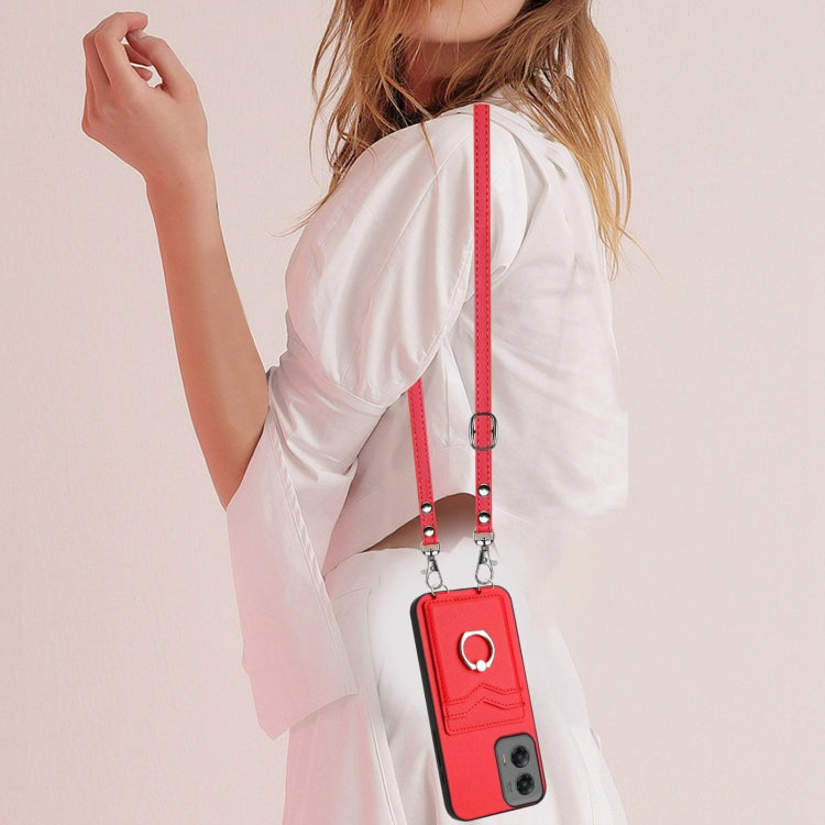 For Motorola Moto G Stylus 5G 2024 R20 Crossbody Rope Ring Card Holder Phone Case(Red) by buy2fix