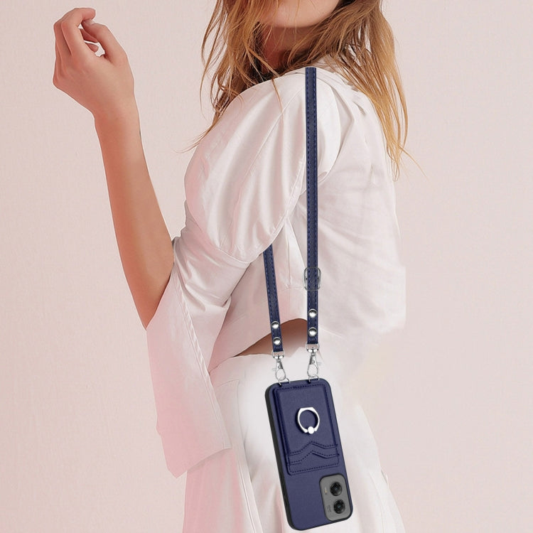 For Motorola Moto G Stylus 5G 2024 R20 Crossbody Rope Ring Card Holder Phone Case(Blue) by buy2fix