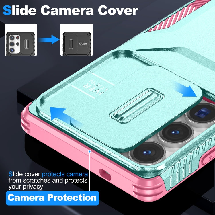 For Samsung Galaxy S25 Ultra 5G Sliding Camshield Phone Case(Grey Green + Pink) by buy2fix