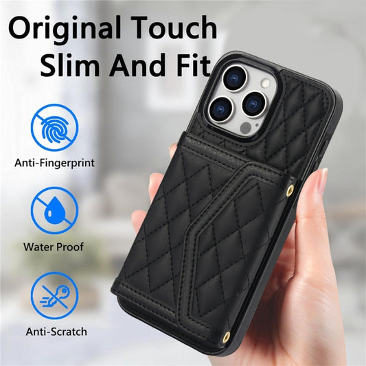 For iPhone 13 Pro Max Splicing Rhombic Texture Card Bag Phone Case with Long Lanyard(Black) - iPhone 13 Pro Max Cases by buy2fix | Online Shopping UK | buy2fix