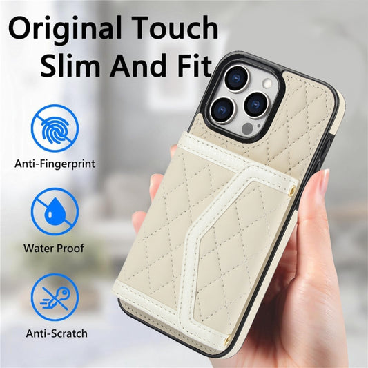 For iPhone 13 Pro Splicing Rhombic Texture Card Bag Phone Case with Long Lanyard(Beige) - iPhone 13 Pro Cases by buy2fix | Online Shopping UK | buy2fix