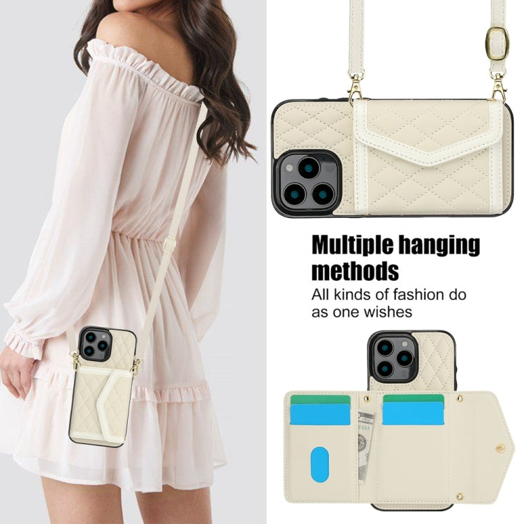 For iPhone 16 Pro Splicing Rhombic Texture Card Bag Phone Case with Long Lanyard(Beige) by buy2fix