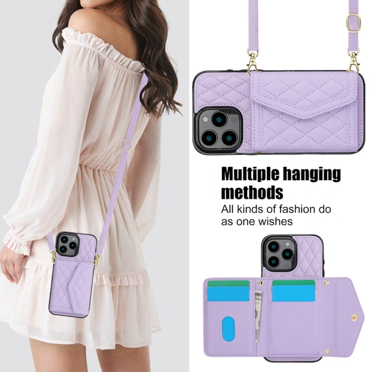 For iPhone 16 Pro Splicing Rhombic Texture Card Bag Phone Case with Long Lanyard(Purple) - iPhone 16 Pro Cases by buy2fix | Online Shopping UK | buy2fix