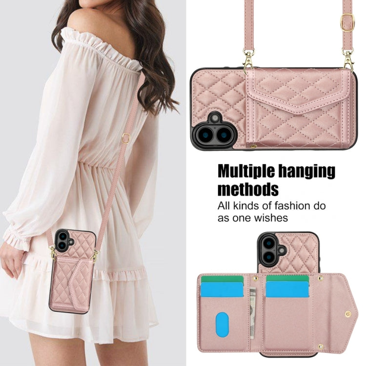 For iPhone 16 Plus Splicing Rhombic Texture Card Bag Phone Case with Long Lanyard(Rose Gold) - iPhone 16 Plus Cases by buy2fix | Online Shopping UK | buy2fix