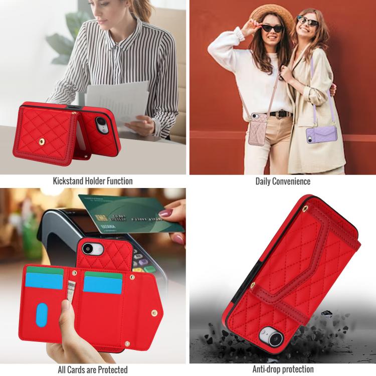 For iPhone 16e Splicing Rhombic Texture Card Bag Phone Case with Long Lanyard(Red) - iPhone 16e Cases by buy2fix | Online Shopping UK | buy2fix