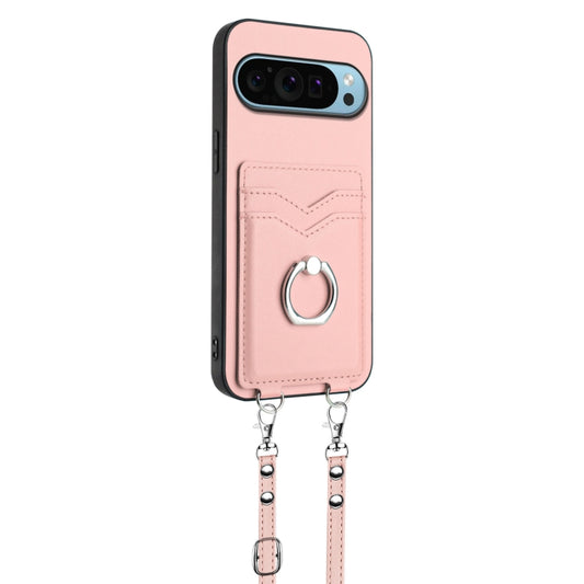 For Google Pixel 9 / 9 Pro R20 Crossbody Rope Ring Card Holder Phone Case(Pink) by buy2fix