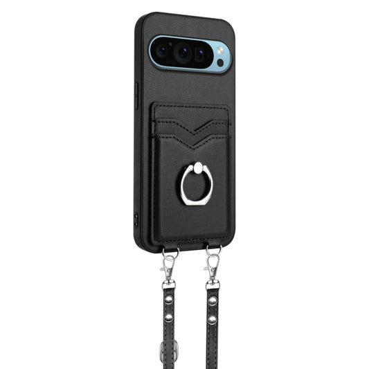 For Google Pixel 9 / 9 Pro R20 Crossbody Rope Ring Card Holder Phone Case(Black) by buy2fix