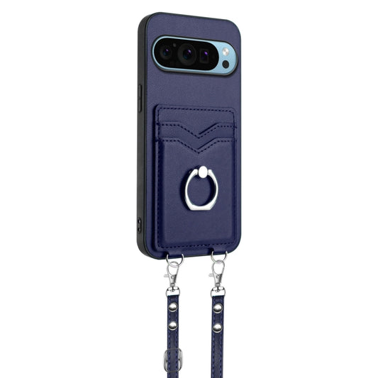 For Google Pixel 9 / 9 Pro R20 Crossbody Rope Ring Card Holder Phone Case(Blue) by buy2fix