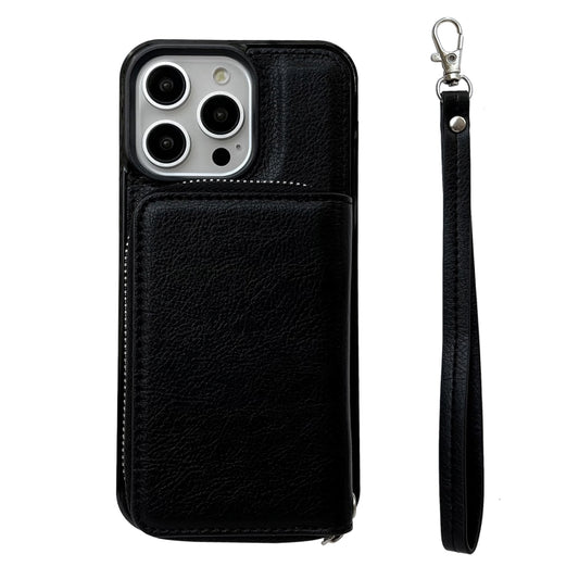 For iPhone 15 Pro Max Solid Color Zipper 11-Card Slots Bag Phone Case with Lanyard(Black) - iPhone 15 Pro Max Cases by buy2fix | Online Shopping UK | buy2fix