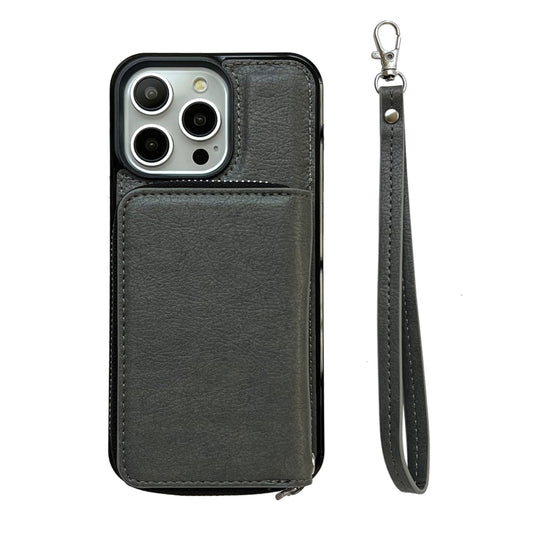 For iPhone 14 Pro Solid Color Zipper 11-Card Slots Bag Phone Case with Lanyard(Grey) - iPhone 14 Pro Cases by buy2fix | Online Shopping UK | buy2fix