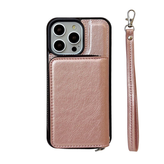 For iPhone 16 Pro Solid Color Zipper 11-Card Slots Bag Phone Case with Lanyard(Rose Gold) by buy2fix