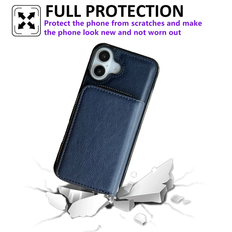 For iPhone 16 Plus Solid Color Zipper 11-Card Slots Bag Phone Case with Lanyard(Blue) - iPhone 16 Plus Cases by buy2fix | Online Shopping UK | buy2fix
