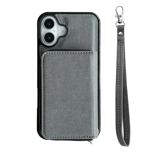 For iPhone 16 Solid Color Zipper 11-Card Slots Bag Phone Case with Lanyard(Grey) - iPhone 16 Cases by buy2fix | Online Shopping UK | buy2fix