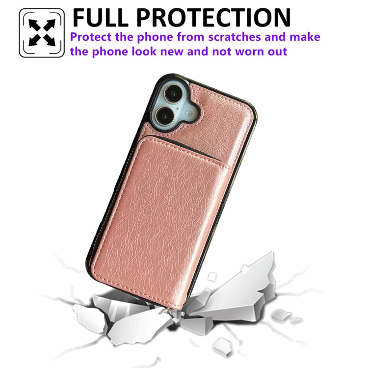 For iPhone 16 Solid Color Zipper 11-Card Slots Bag Phone Case with Lanyard(Rose Gold) by buy2fix