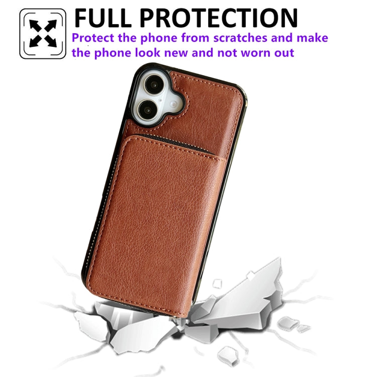 For iPhone 16 Solid Color Zipper 11-Card Slots Bag Phone Case with Lanyard(Brown) - iPhone 16 Cases by buy2fix | Online Shopping UK | buy2fix