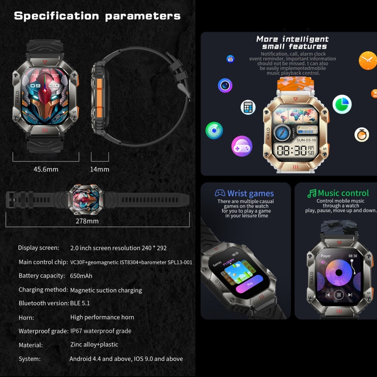 KR80 2.0 inch BT5.1 IP67 Sport Smart Watch, Support Bluetooth Call / Sleep / Blood Oxygen / Heart Rate / Blood Pressure Health Monitor(Black+Orange) by buy2fix