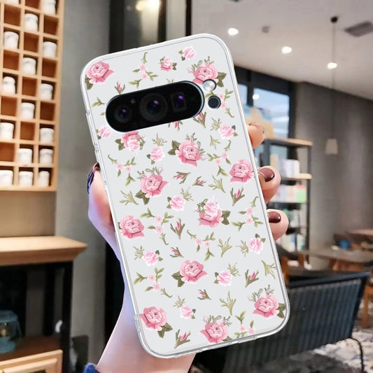 For Google Pixel 9 Pro Colored Drawing Pattern Transparent TPU Phone Case(Pink Floral) by buy2fix