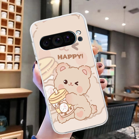 For Google Pixel 9 Pro Colored Drawing Pattern Transparent TPU Phone Case(Bear) by buy2fix