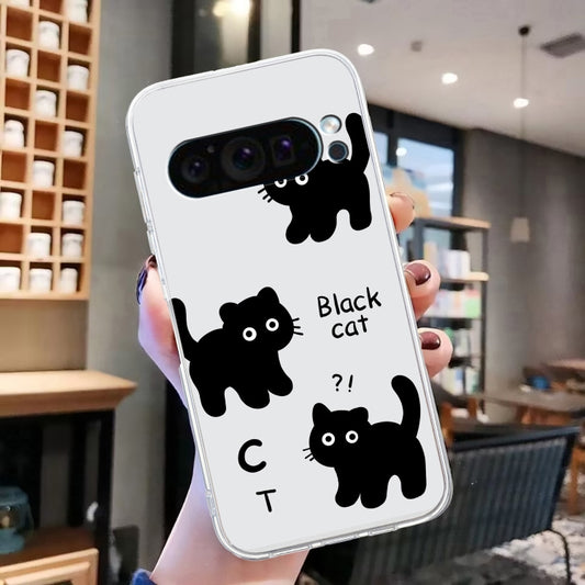 For Google Pixel 9 Pro Colored Drawing Pattern Transparent TPU Phone Case(Black Cat) by buy2fix