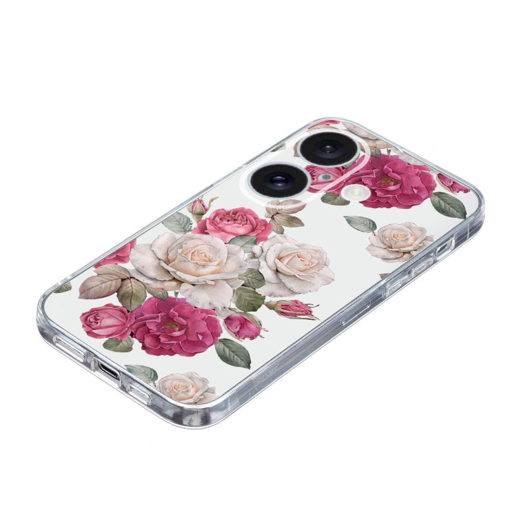For iPhone 16 Plus Colored Drawing Pattern Transparent TPU Phone Case(Peony) by buy2fix