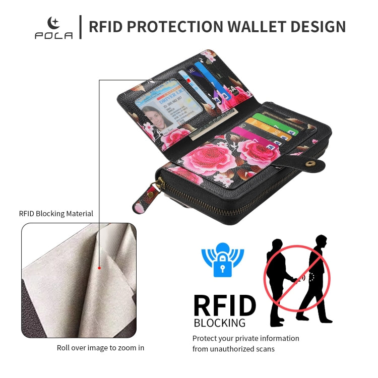For iPhone 15 Pro POLA MagSafe Flower Multi-functional Zipper Wallet Leather Phone Case(Black) - iPhone 15 Pro Cases by buy2fix | Online Shopping UK | buy2fix
