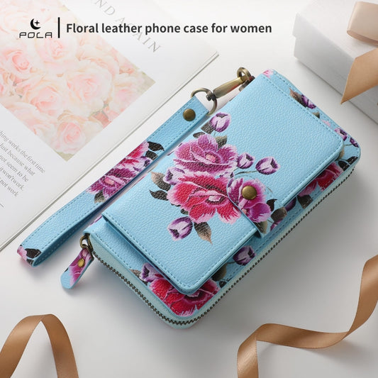 For iPhone 15 Pro POLA MagSafe Flower Multi-functional Zipper Wallet Leather Phone Case(Sky Blue) - iPhone 15 Pro Cases by buy2fix | Online Shopping UK | buy2fix