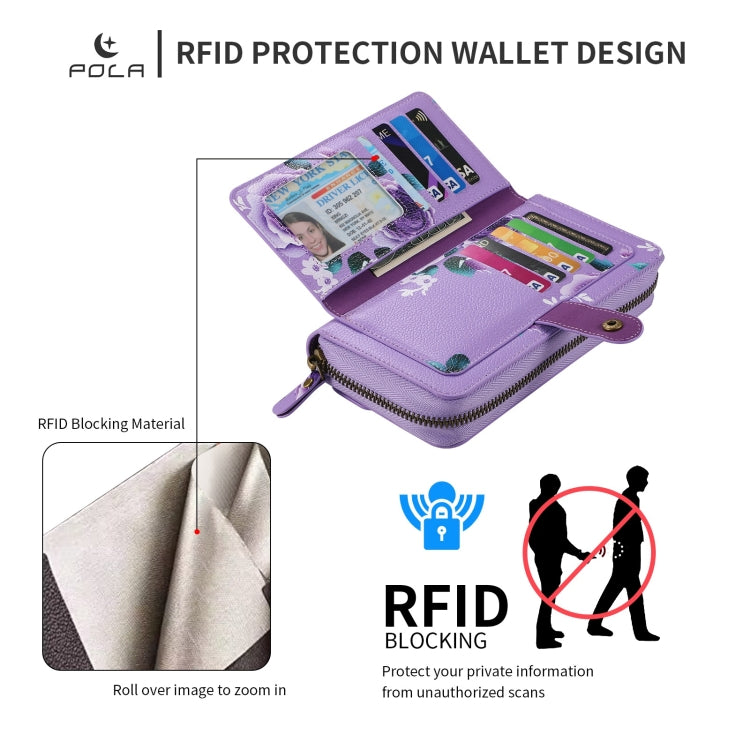 For iPhone 15 Pro POLA MagSafe Flower Multi-functional Zipper Wallet Leather Phone Case(Purple) - iPhone 15 Pro Cases by buy2fix | Online Shopping UK | buy2fix