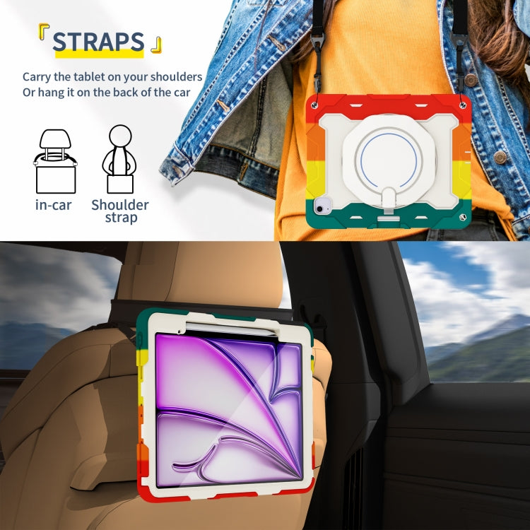 For iPad Air 13 2024 / 2025 Armor Portable Rotating Ring Holder Silicone Tablet Case with Pen Slot(Colorful Red) by buy2fix