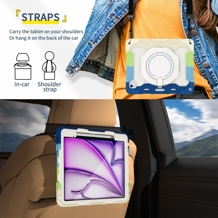 For iPad Air 13 2024 / 2025 Armor Portable Rotating Ring Holder Silicone Tablet Case with Pen Slot(Colorful Blue) by buy2fix