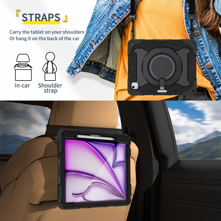 For iPad Air 13 2024 / 2025 Armor Portable Rotating Ring Holder Silicone Tablet Case with Pen Slot(Black) by buy2fix