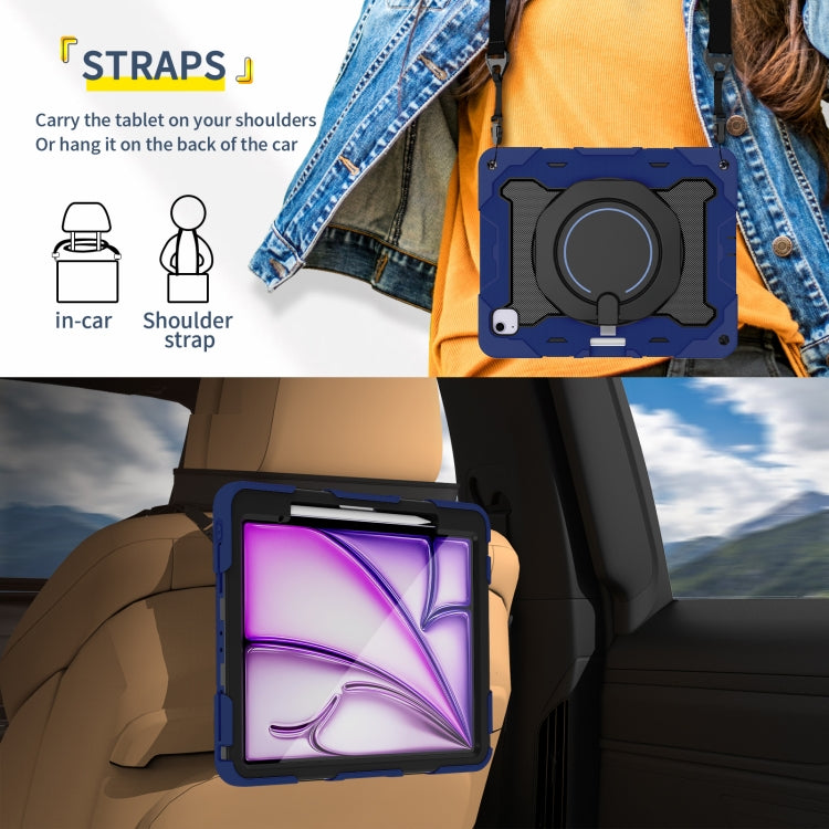 For iPad Air 13 2024 / 2025 Armor Portable Rotating Ring Holder Silicone Tablet Case with Pen Slot(Navy Blue) by buy2fix