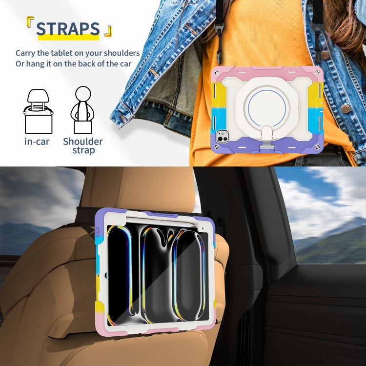 For iPad Pro 11 2025 / 2024 Armor Portable Rotating Ring Holder Silicone Tablet Case with Pen Slot(Colorful Pink) by buy2fix