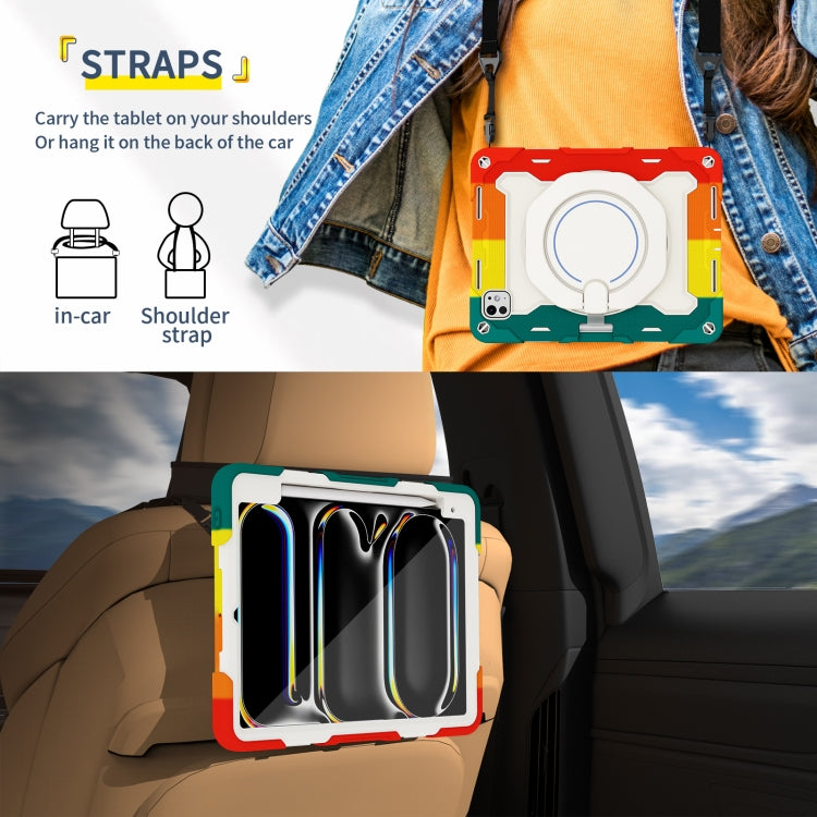 For iPad Pro 11 2025 / 2024 Armor Portable Rotating Ring Holder Silicone Tablet Case with Pen Slot(Colorful Red) by buy2fix