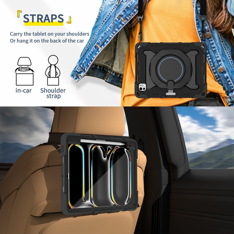 For iPad Pro 11 2025 / 2024 Armor Portable Rotating Ring Holder Silicone Tablet Case with Pen Slot(Black) by buy2fix