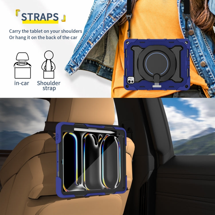 For iPad Pro 11 2025 / 2024 Armor Portable Rotating Ring Holder Silicone Tablet Case with Pen Slot(Navy Blue) by buy2fix