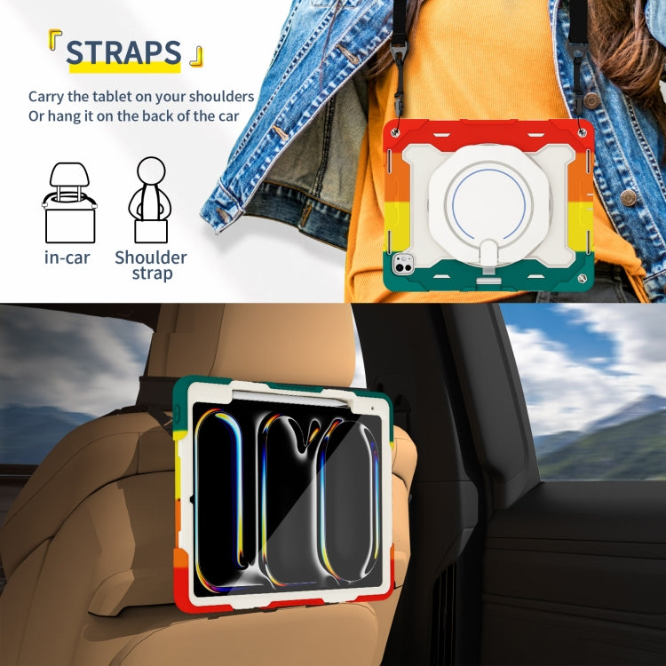 For iPad Pro 13 2025 / 2024 Armor Portable Rotating Ring Holder Silicone Tablet Case with Pen Slot(Colorful Red) by buy2fix