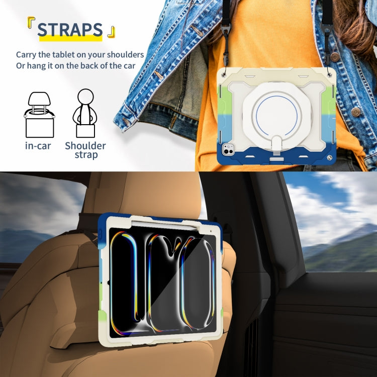 For iPad Pro 13 2025 / 2024 Armor Portable Rotating Ring Holder Silicone Tablet Case with Pen Slot(Colorful Blue) by buy2fix