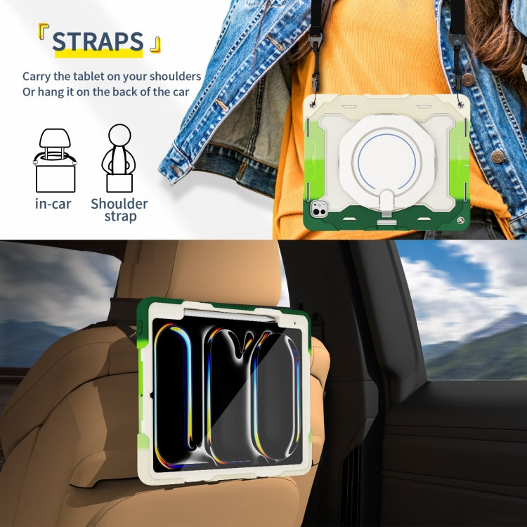 For iPad Pro 13 2025 / 2024 Armor Portable Rotating Ring Holder Silicone Tablet Case with Pen Slot(Colorful Green) by buy2fix