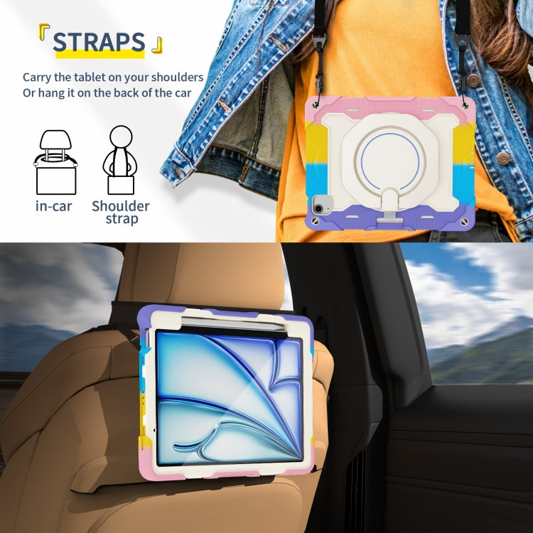 For iPad Air 11 2024 / 2025 Armor Portable Rotating Ring Holder Silicone Tablet Case with Pen Slot(Colorful Pink) by buy2fix