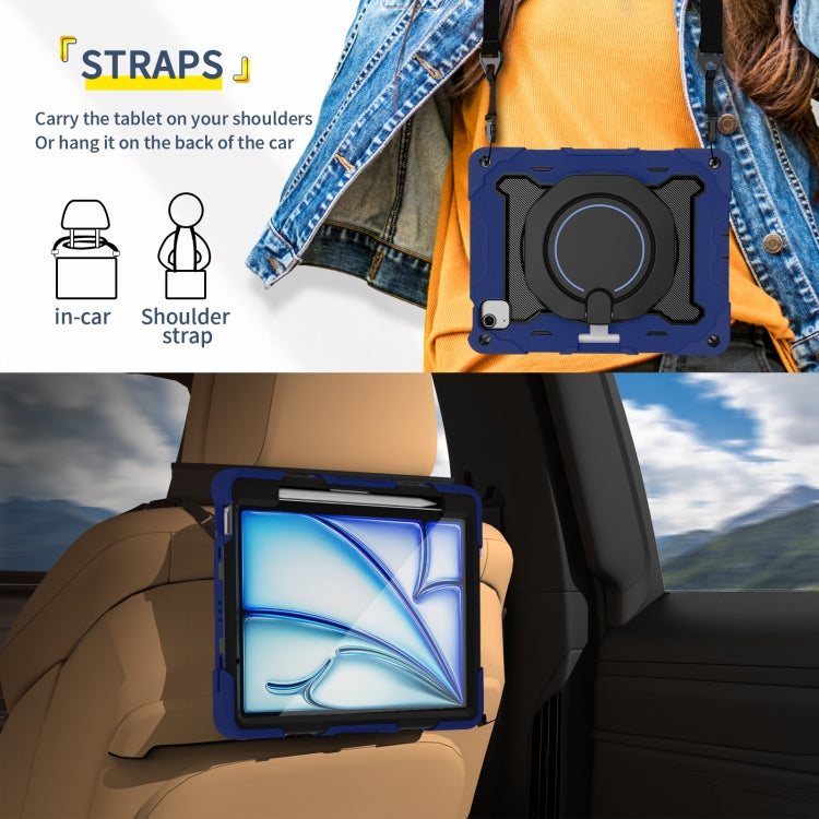 For iPad Air 11 2024 / 2025 Armor Portable Rotating Ring Holder Silicone Tablet Case with Pen Slot(Navy Blue) by buy2fix