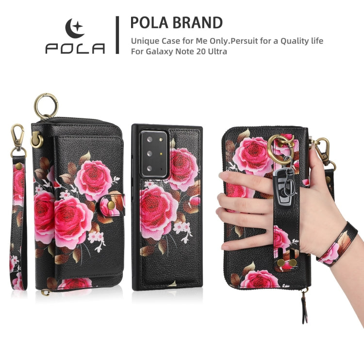 For Samsung Galaxy Note20 Ultra  POLA Flower Multi-functional Zipper Wallet Leather Phone Case(Black) - Galaxy Note20 Ultra Cases by buy2fix | Online Shopping UK | buy2fix