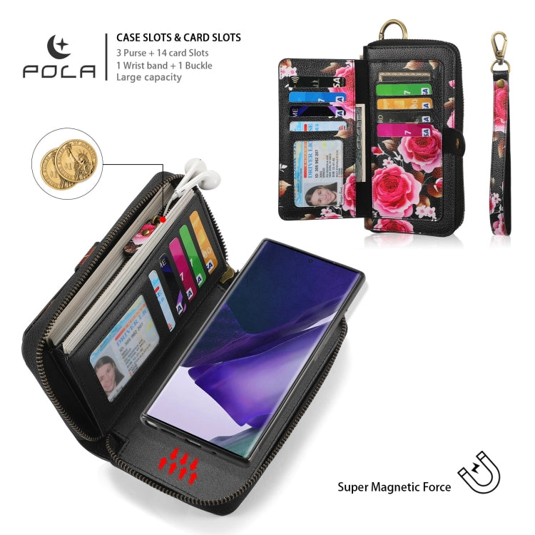 For Samsung Galaxy Note20 Ultra  POLA Flower Multi-functional Zipper Wallet Leather Phone Case(Black) - Galaxy Note20 Ultra Cases by buy2fix | Online Shopping UK | buy2fix